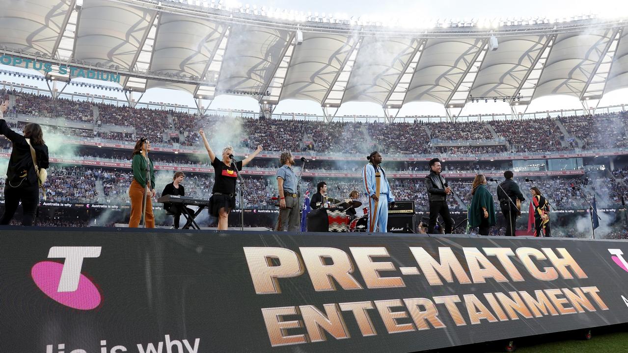 Pre-match entertainment before the 2021 Toyota AFL grand final started in daylight. Picture: Dylan Burns / AFL Photos via Getty Images