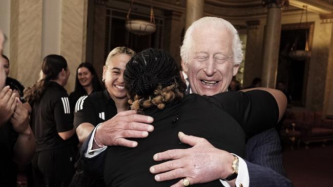 LONDON, ENGLAND - SEPTEMBER 11: King Charles III meets New Zealand's Black Ferns rugby union team at Buckingham Palace on September 11, 2024 in London, England. (Photo by Aaron Chown - WPA Pool/Getty Images)