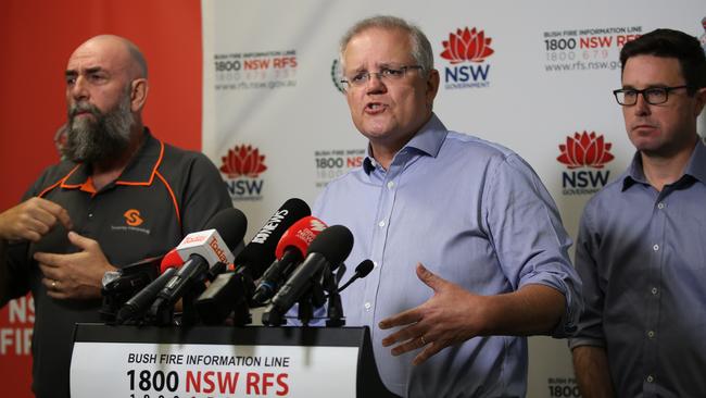 Scott Morrison and Water Minister David Littleproud speak to reporters. Picture: Jane Dempster.