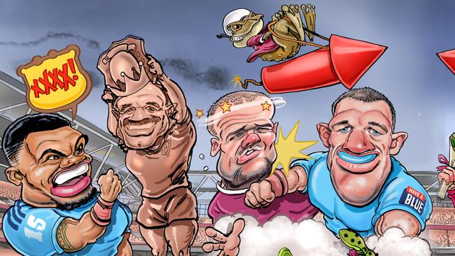 Phil 'Buzz' Rothfield and Robert 'Crash' Craddock go head to head for Buzz State of Origin I. Art: Scott 'Boo' Bailey