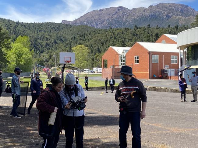 Tasmanian actor Tegan Stimson, left, on set in Queenstown during the shooting of SBS On Demand mystery drama series The Tailings.