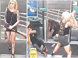 Evie Amati swings an axe at two 7-Eleven customers.