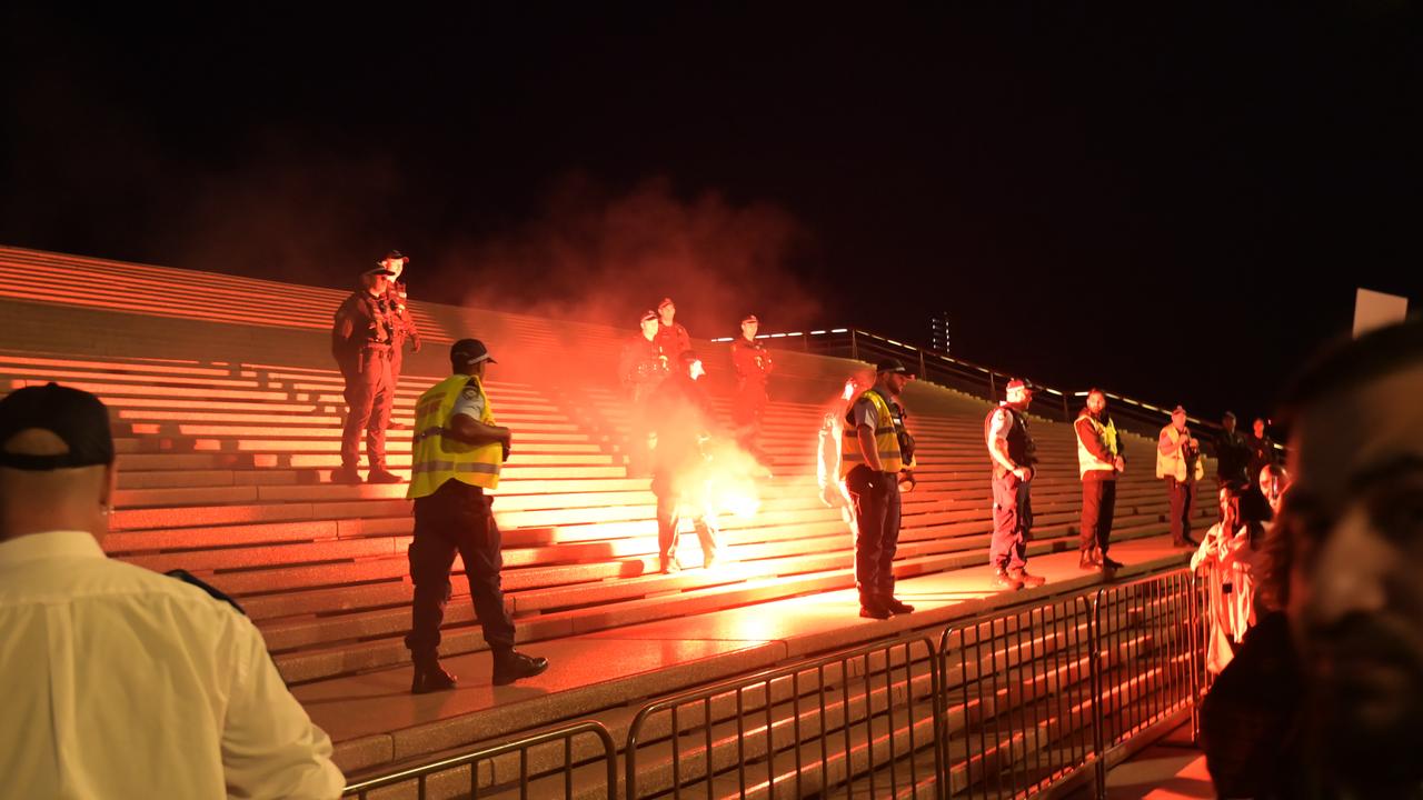 Pro-Palestine protesters lobbed flares at the Sydney Opera House on Monday night. Picture: NCA NewsWire / Jeremy Piper