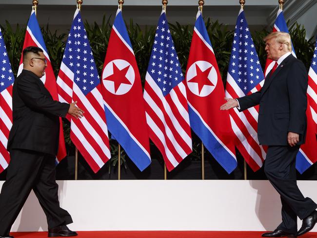 Mr Trump made a stop on the North Lawn of the White House on Friday to promote the nuclear deal he made with Kim Jong-un that critics say is vague. Picture: AP