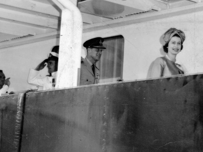 Queen Elizabeth II and Prince Philip at No. 1 Berth, Port Adelaide, on the royal yacht Britannia.