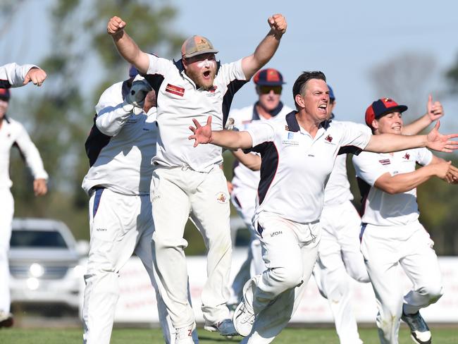 Chris O’Hara and his Koo Wee Rup teammates celebrate a gripping win in the 2016-17 WGCA Premier grand final. Picture: Chris Eastman