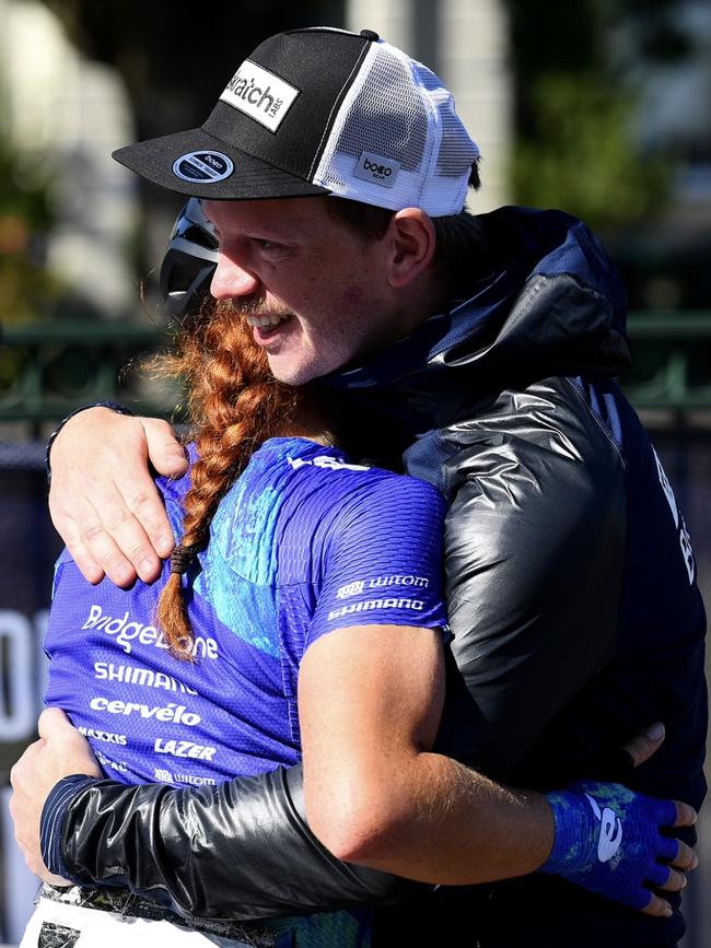 Pat Shaw embraces Felicity Wilson-Haffenden after her under-19 road race win at the National Road Championships in Ballarat last month.