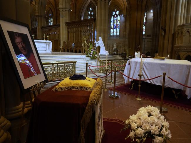 The coffin of Cardinal George Pell lays in state at St. Mary's Cathedral ahead of the funeral. Picture: NCA NewsWire / pool / Rick Rycroft