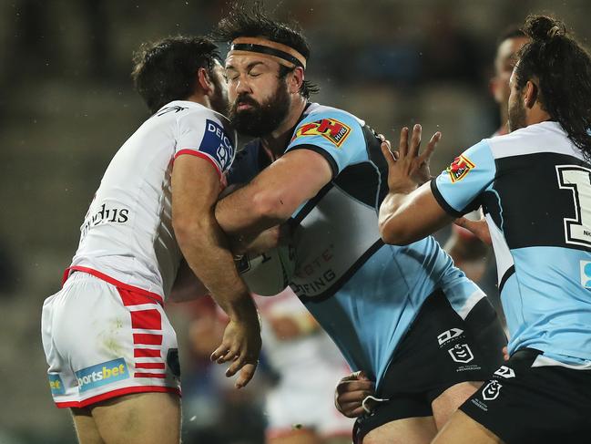 The Sharks and Dragons face off in a round 1 derby NRL match at Jubilee Oval, Kogarah. Picture: Brett Costello