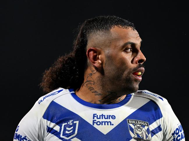 AUCKLAND, NEW ZEALAND - AUGUST 23: Josh Addo-Carr of the Bulldogs looks on during the round 25 NRL match between New Zealand Warriors and Brisbane Broncos at Shaun Johnson Stadium, on August 23, 2024, in Auckland, New Zealand. (Photo by Hannah Peters/Getty Images)