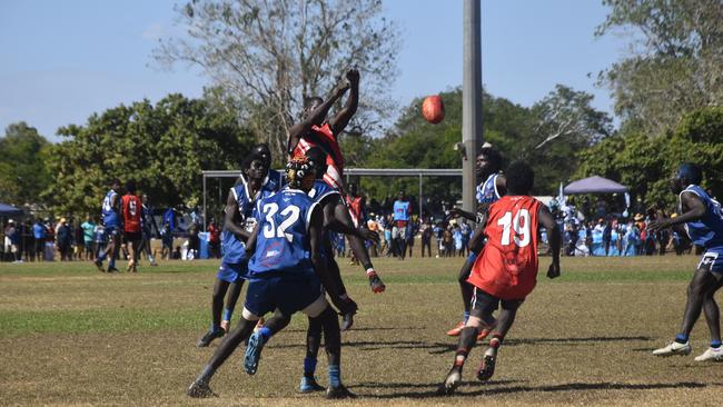 Players in action during the Tiwi Island Football League grand final between Tuyu Buffaloes and Pumarali Thunder. Picture: Max Hatzoglou