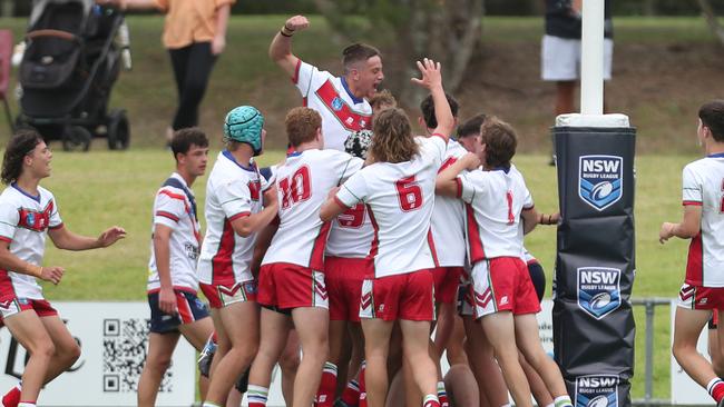 The Monaro Colts celebrate a try. Picture: Sue Graham. Andrew Johns Cup round one, Central Coast Roosters vs Monaro Colts at Morry Breen Oval, 3 February 2024