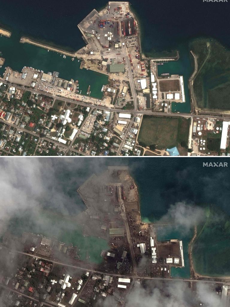 A before (top) image taken on December 29, 2021 and an after image taken on January 18, 2022 of the main port facilities in Nukuâ alofa, the capital of Tonga. Picture: AFP