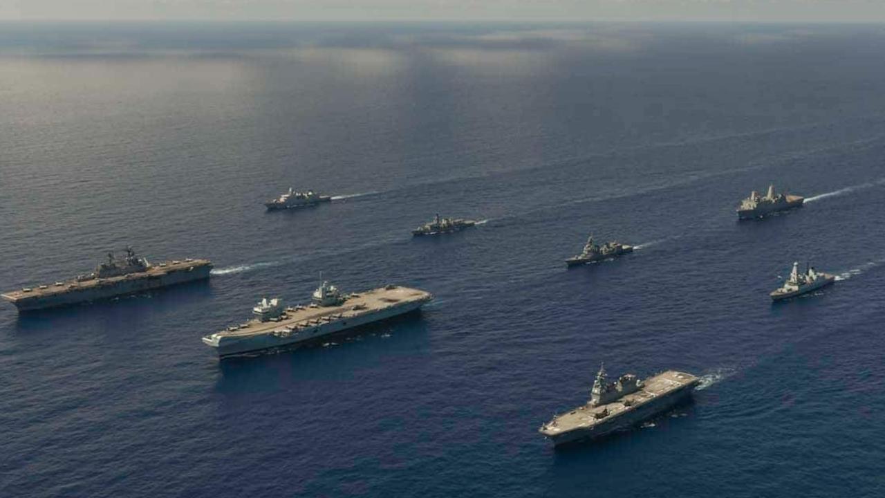 A naval force of warships, aircraft, sailors and marines from the UK, United States and Japan converged for milestone exercises in the Pacific Ocean in August 2021. Picture: Royal Navy.