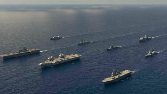 A naval force of warships, aircraft, sailors and marines from the UK, United States and Japan converged for milestone exercises in the Pacific Ocean in August 2021. Picture: Royal Navy.