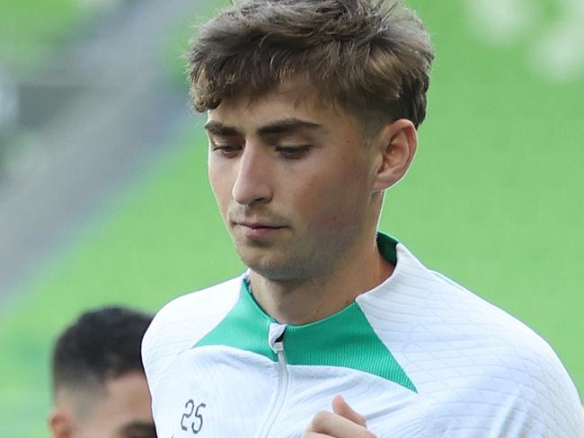 MELBOURNE, AUSTRALIA - NOVEMBER 13: Hayden Matthews of the Socceroos during a Socceroos training session at AAMI Park on November 13, 2024 in Melbourne, Australia. (Photo by Robert Cianflone/Getty Images)