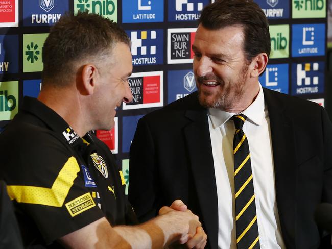 MELBOURNE, AUSTRALIA – September 22, 2023. AFL. New Richmond coach Adam Yze faces the media with president John O'Rourke and CEO Brendon Gale at the Tigers Punt Road headquarters. Photo by Michael Klein.