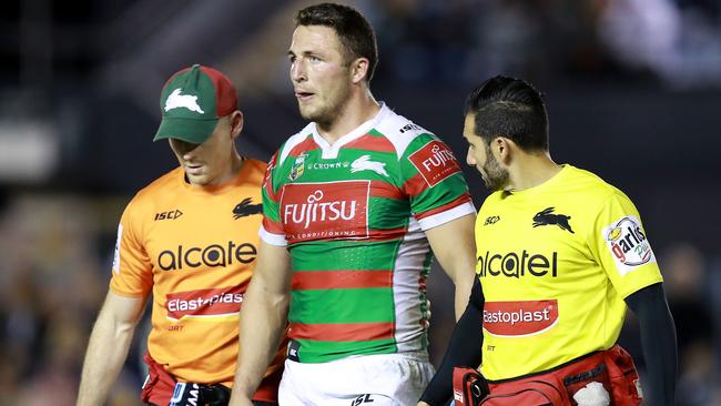 Sam Burgess leaves the field with a rib cartilage issue.
