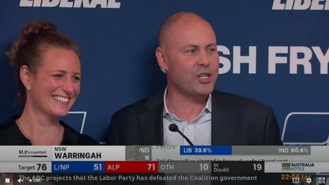 Josh Frydenberg speaks with the vote looking likely he'll lose his seat.