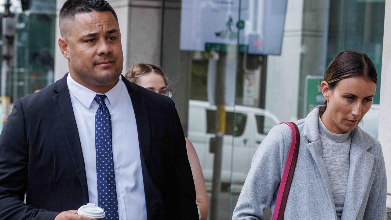 Jarryd Hayne arriving at the NSW District Court alongside his wife Amellia Bonnici on Tuesday. Picture: NCA NewsWire / David Swift