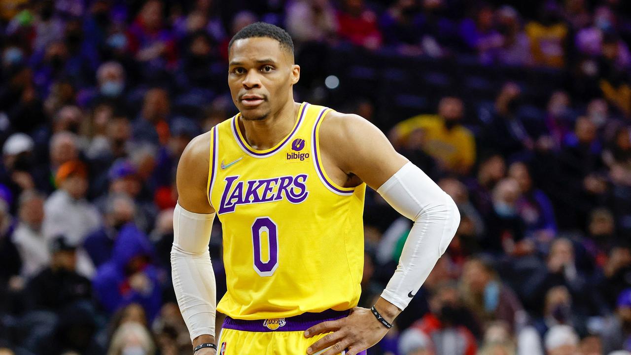 (FILES) In this file photo taken on January 27, 2022 Russell Westbrook #0 of the Los Angeles Lakers looks on against the Philadelphia 76ers at Wells Fargo Center in Philadelphia, Pennsylvania.