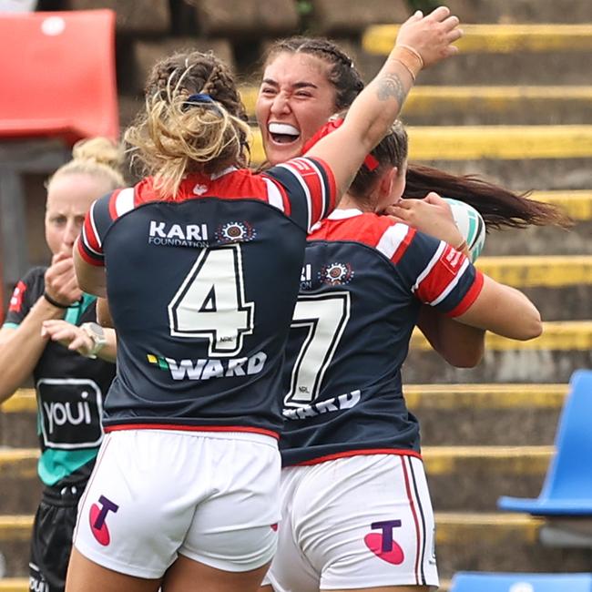 Olivia Kernick of the Roosters celebrates scoring a try against the Brisbane Broncos. Picture: Ashley Feder/Getty Images