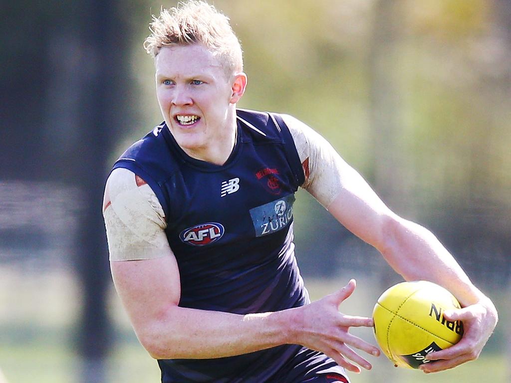 MELBOURNE, AUSTRALIA - SEPTEMBER 11:  Clayton Oliver of the Demons runs with the ball during a Melbourne Demons AFL training session at Gosch's Paddock on September 11, 2018 in Melbourne, Australia.  (Photo by Michael Dodge/Getty Images)