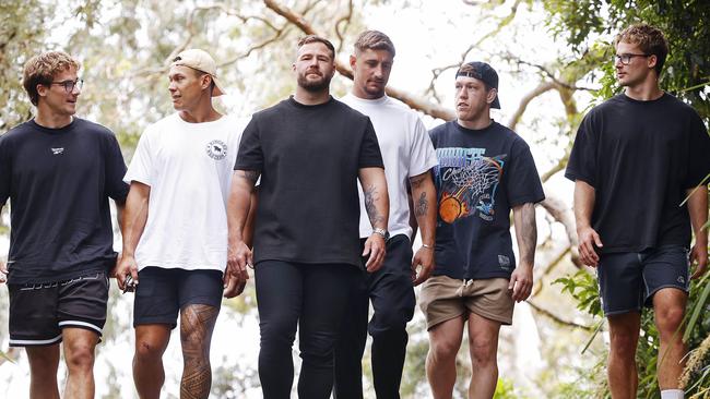 Ex NRL player Trent Merlin (third from left) current players L to R, Toby Couchman, Tyrell Fuimaono, Zac Lomax, Cameron McInnes and Ryan Couchman. Picture: Sam Ruttyn