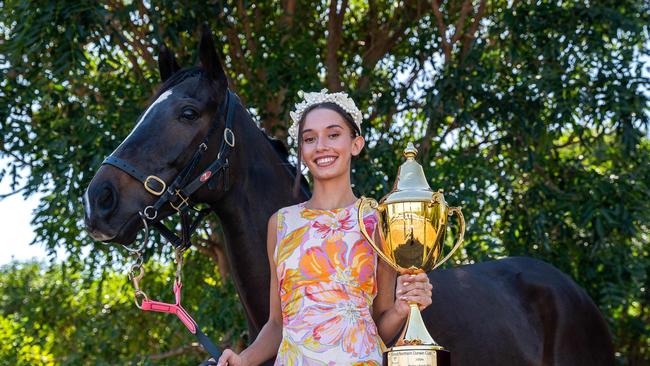 Darwin Cup hopeful Lake's Folly with Carnival ambassador Tannwyn Lewis ahead of the big day at the Darwin Turf Club. Picure: Pema Tamang Pakhrin