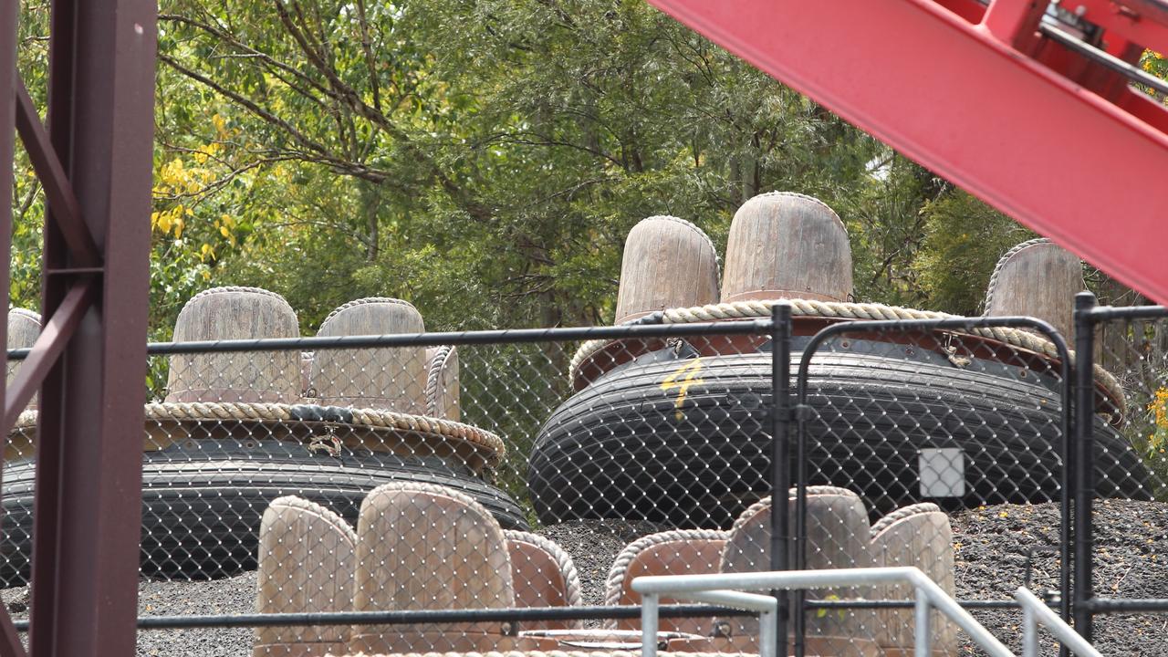 Dormant carriages from the Thunder River Rapids ride at Dreamworld. Picture: Jono Searle