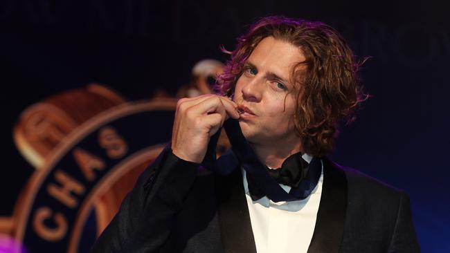 Nat Fyfe celebrates his victory in last year’s Brownlow Medal count.