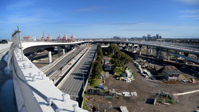 The view of Melbourne city and the inner west from a flyover on the soon-to-be completed West Gate Tunnel Project at Footscray. Picture: Andrew Henshaw/NewsWire