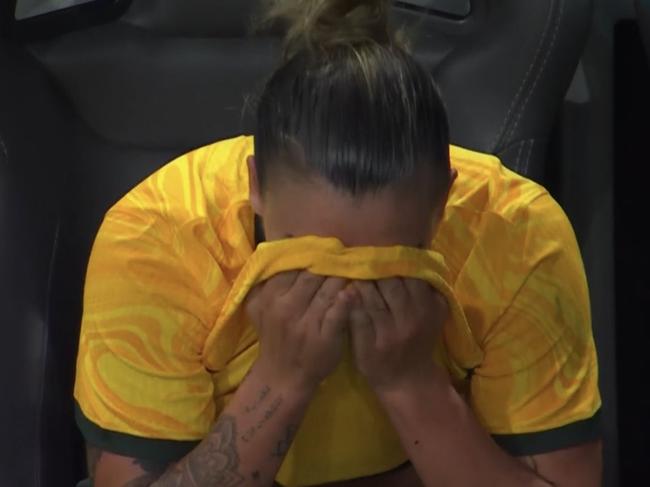 Chloe Logarzo in tears as Matildas return ends early after head knock. Picture: Paramount Plus