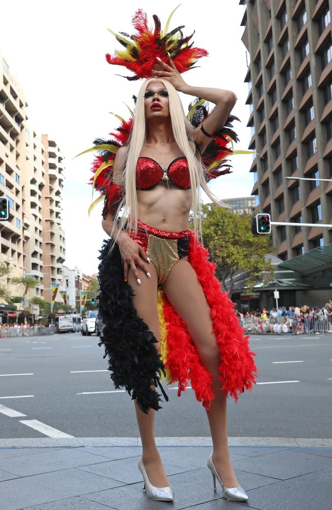 Keep Sydney Open candidate Felicia Foxx on Oxford Street before the start of the Sydney Gay and Lesbian Mardi Gras Parade. Picture: Damian Shaw