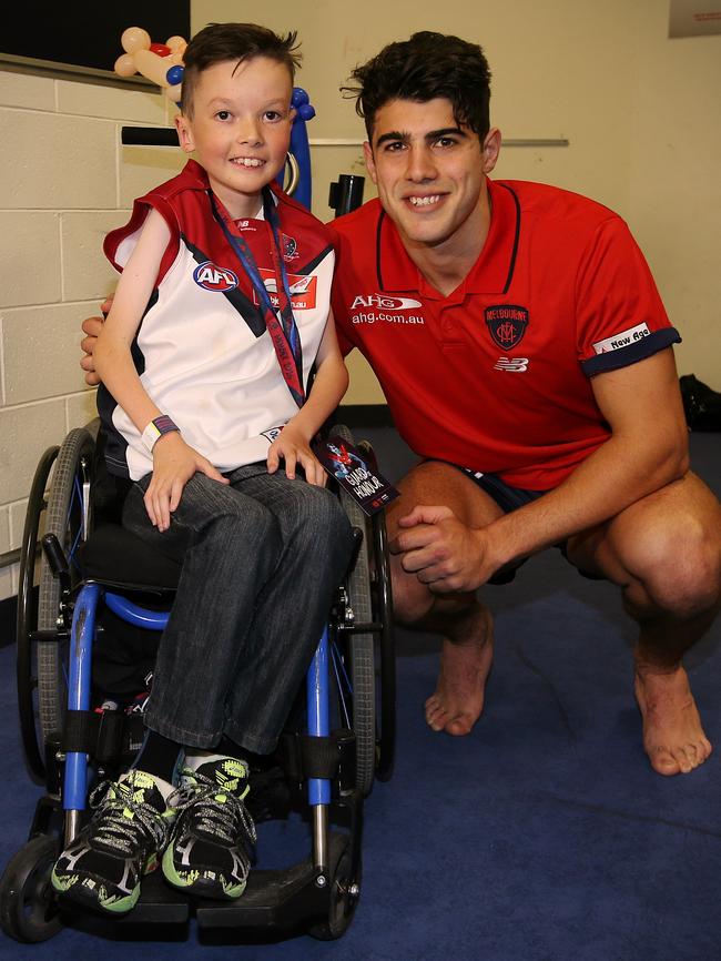 Lucas Peters with Christian Petracca in the Demons change rooms during the 2016 season. Picture: Wayne Ludbey