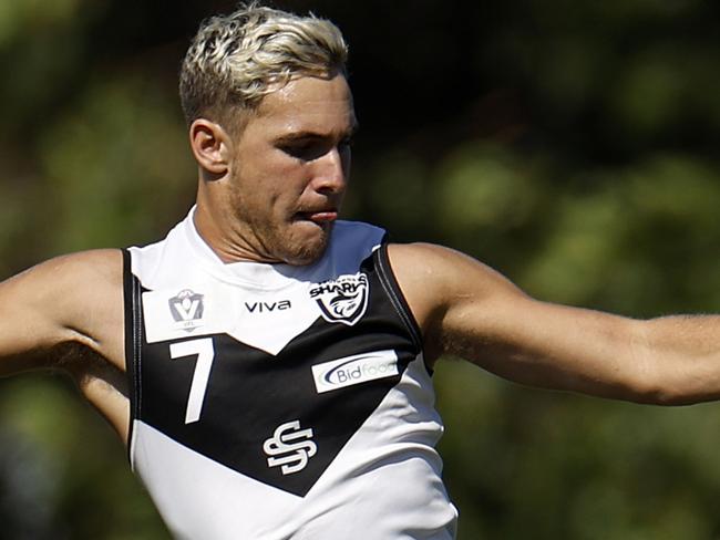 MELBOURNE, AUSTRALIA - MARCH 27: Boyd Woodcock of the Sharks in action during the round one VFL match between the Richmond Tigers and Southport at The Swinburne Centre on March 27, 2022 in Melbourne, Australia. (Photo by Jonathan DiMaggio/AFL Photos/via Getty Images)