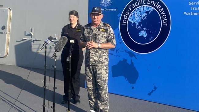 Commodore Mal Wise and Australian Border Force's Vanessa Bell aboard the HMAS Adelaide. Picture: Bethany Griffiths