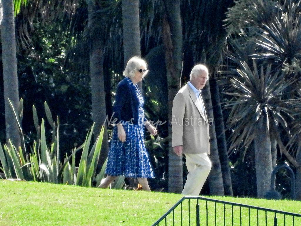 Queen Camilla and King Charles in the grounds of Admiralty House in Kirribilli. Picture: Julian Andrews