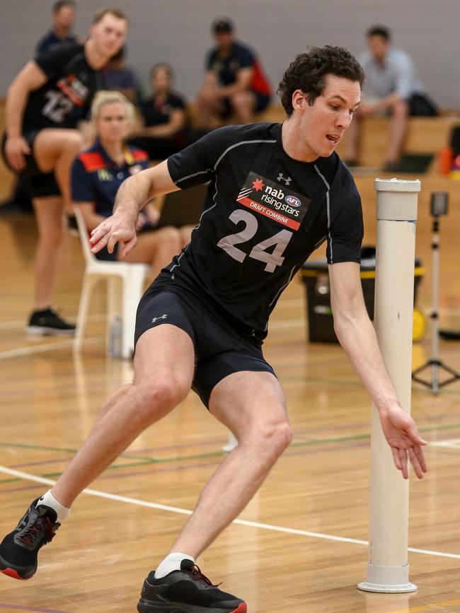 Darcy Fort goes through the agility test at the state draft combine. Picture: AAP/Mike Burton