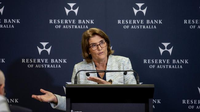 SYDNEY, AUSTRALIA - NewsWire photos FEBRUARY 06, 2024: Pictured is Michele Bullock the Australian economist who is currently governor of the Reserve Bank of Australia speaking at a press conference at the Reserve Bank of Australia (RBA) in Sydney. Picture: NCA NewsWire / Dylan Coker