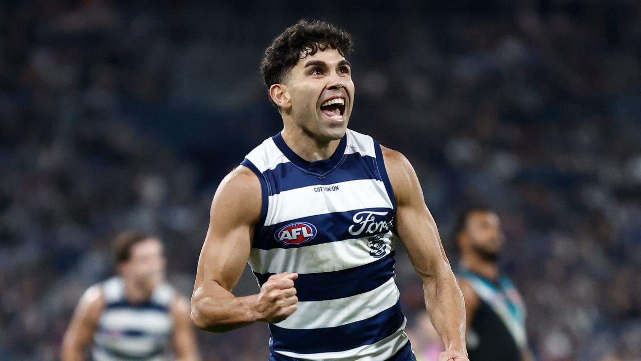 GEELONG, AUSTRALIA – MAY 10: Tyson Stengle of the Cats celebrates a goal during the 2024 AFL Round 09 match between the Geelong Cats and Port Adelaide Power at GMHBA Stadium on May 10, 2024 in Geelong, Australia. (Photo by Michael Willson/AFL Photos via Getty Images)