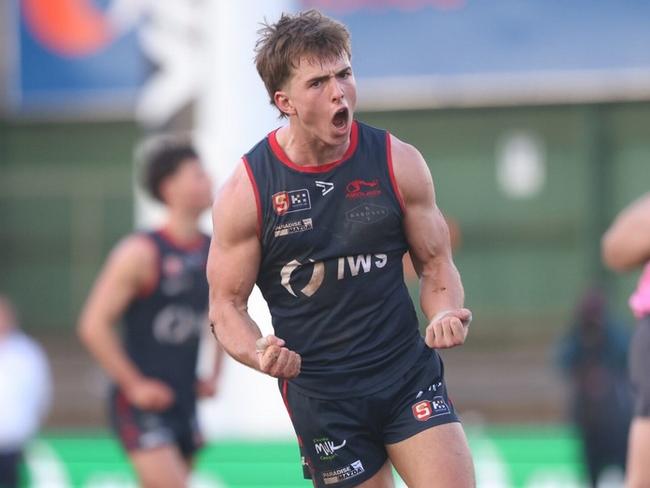 Sam Morris celebrates a goal for Norwood. Picture: Cory Sutton