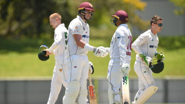 Matthew Renshaw with good mate Usman Khawaja, playing for Queensland. Picture: Evan Morgan