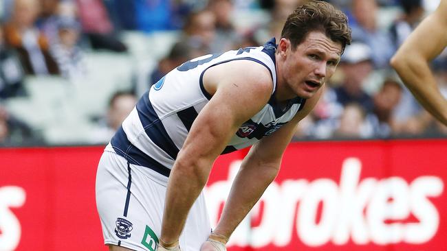 Cats star Patrick Dangerfield after a missed shot on goal. Picture: Colleen Petch