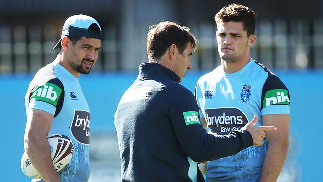 Andrew Johns with Cody Walker (L) and Nathan Cleary (R) last year. Picture: Phil Hillyard