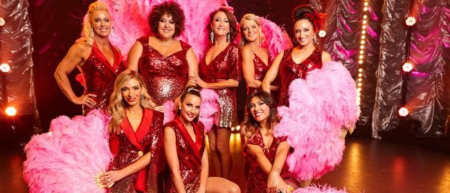 Bosom buddies … Seven's All New Monty: Ladies Night cast: Lisa Kenny, Casey Donovan, Lynne McGranger, Simone Callahan, Georgie Parker, Ella Hooper, Rachael Finch and Nadia Bartel. Picture: Nick Wilson/Seven