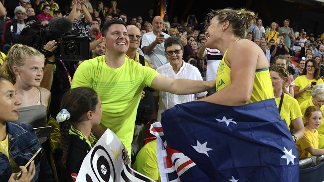 Stevens celebrates with family in the crowd after her win. Picture: AAP Image/Dean Lewins