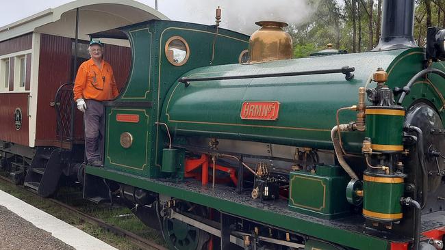 Volunteer train driver David McGrory on board Locomotive HRMn1. Picture: Atherton-Herberton Historic Railway Facebook