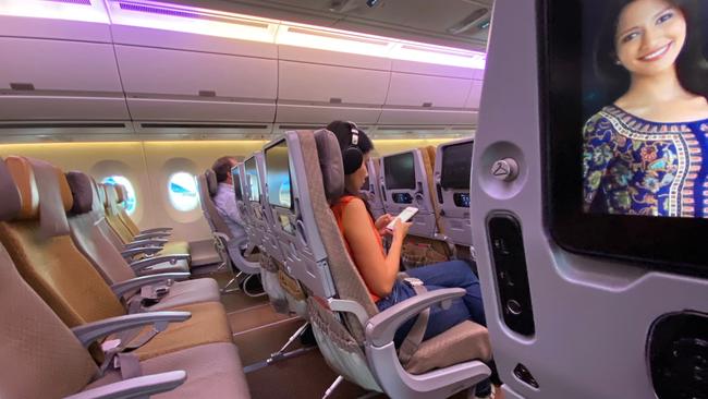 A largely empty Singapore Airlines flight from Jakarta. Picture: Goh Chai Hin/AFP