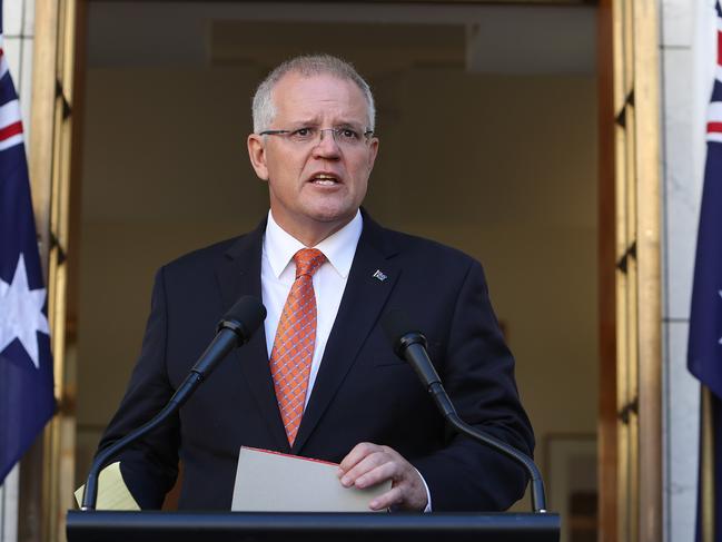 Scott Morrison holds a press conference in the Prime Minister’s courtyard at Parliament House on Wednesday. Picture: Kym Smith